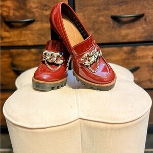 Women's Red Patent Leather Loafers with Chain Detail